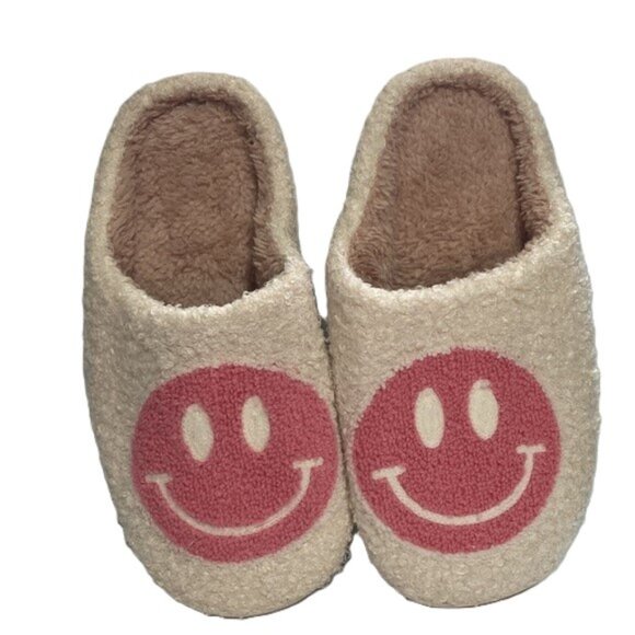 SMILEY FACE Pink and Cream Non Slip Slippers Womens Size 7 - Picture 1 of 10